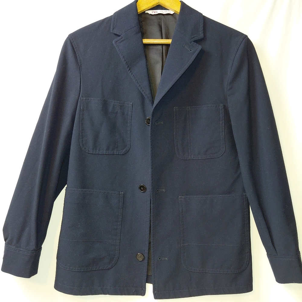Zara Blazer Jacket‎ Women's Size XS Navy Blue Classic English Countryside Euro